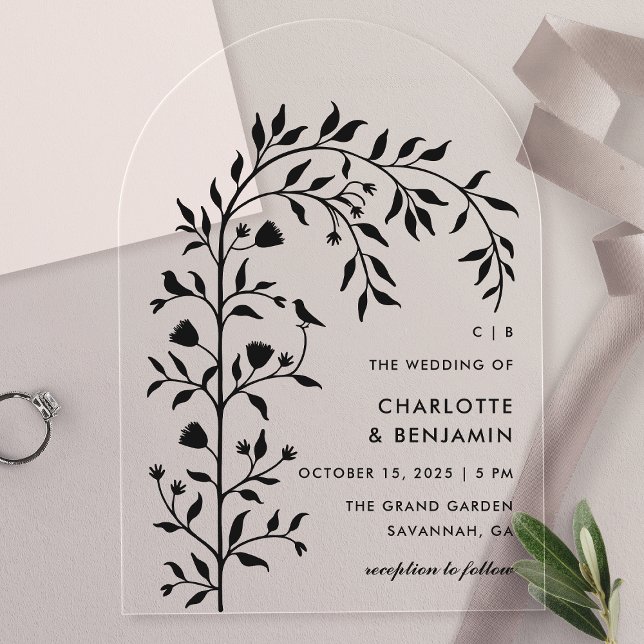 Invitaciones Acrílicas Arco de Boda de Pájaro Botánico Negro (Subido por el creador)