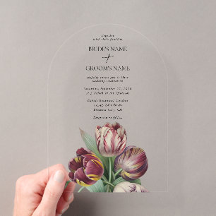 Invitaciones Acrílicas Arco de boda de tulipanes púrpura con acuarela tem