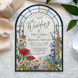 Invitaciones Acrílicas Arco de boda de vidrio emplomado con flores silves