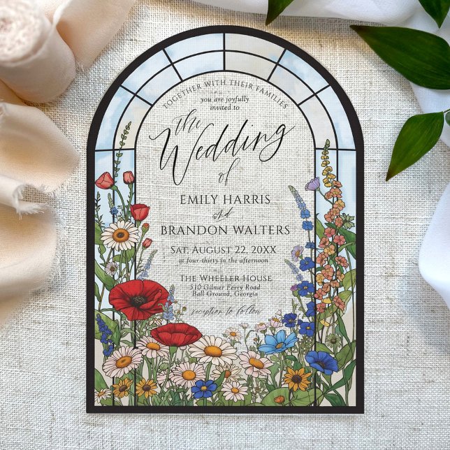 Invitaciones Acrílicas Arco de boda de vidrio emplomado con flores silves (Modern wildflower daisy sunflower poppy stained glass window floral arch acrylic wedding invitation)