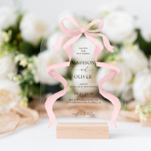 Invitaciones Acrílicas Arco de boda elegante moderno con lazo rosa claro