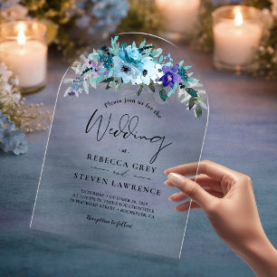 Invitaciones Acrílicas Arco de boda floral azul polvoriento púrpura chic