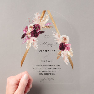 Invitaciones Acrílicas Arco de boda floral de hierba de pampas con marco 