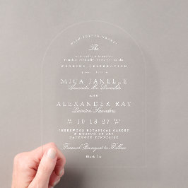 Invitaciones Acrílicas Arco de boda formal con caligrafía elegante blanca