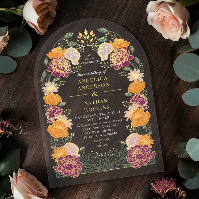 Invitaciones Acrílicas Arco de Boda Jardín con Encanto Púrpura naranja (Subido por el creador)