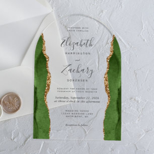 Invitaciones Acrílicas Arco de Boda Moderno de Ágata Dorada en Verde Caza