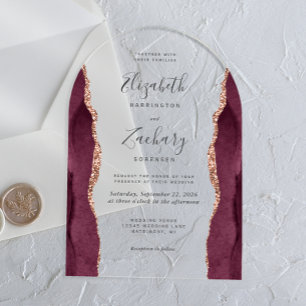 Invitaciones Acrílicas Arco de boda moderno de oro rosa y burgundy con ág