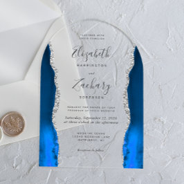 Invitaciones Acrílicas Arco de boda moderno de plata y ágata azul real