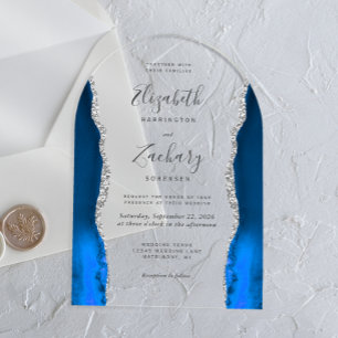 Invitaciones Acrílicas Arco de boda moderno de plata y ágata azul real