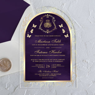 Invitaciones Acrílicas Arco de boda musulmán mariposa dorada púrpura oscu