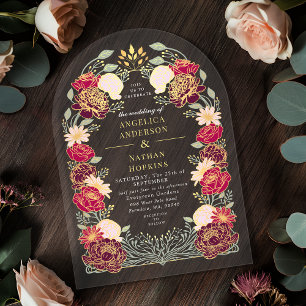 Invitaciones Acrílicas Arco de bodas de jardín floral de color rosa rojo 