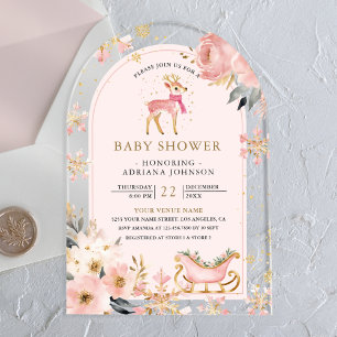 Invitaciones Acrílicas Arco de Bosque Invernal Ciervo Rosa Baby Shower