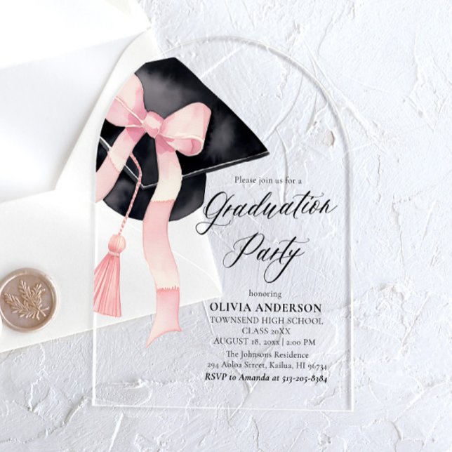 Invitaciones Acrílicas Arco de cierre de graduación de Bow rosado moderno (Subido por el creador)