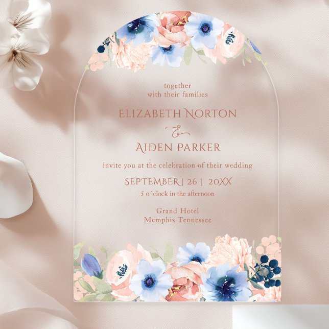 Invitaciones Acrílicas Arco de Colección de Bodas azules Peach (Modern, wedding, arch, acrylic invitation floral. In the colors Gold, Peach & Blue.)