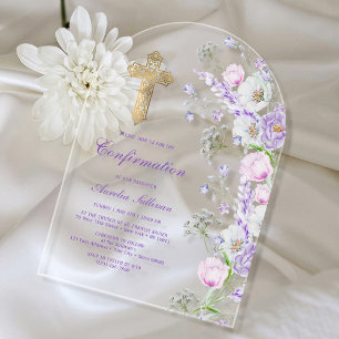 Invitaciones Acrílicas Arco de Confirmación de Flores de Lila en Acuarela