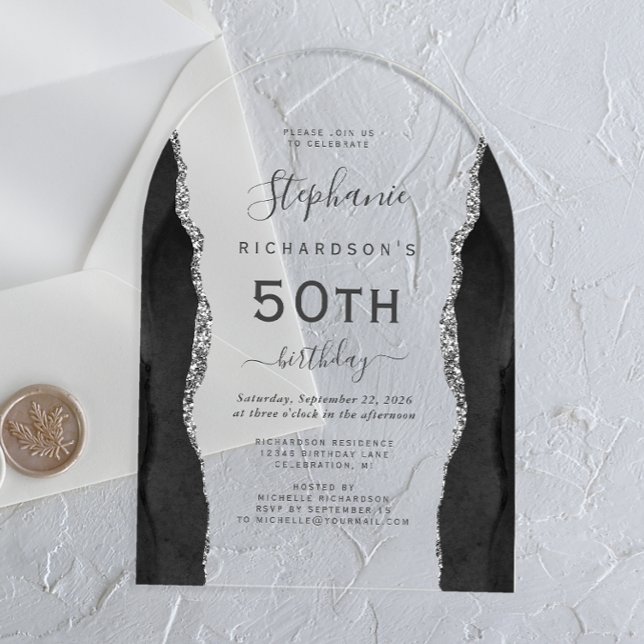 Invitaciones Acrílicas Arco de cumpleaños 50 Black Silver Agate (Subido por el creador)