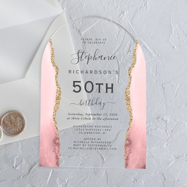 Invitaciones Acrílicas Arco de cumpleaños 50 Blush Pink Gold Agate (Subido por el creador)