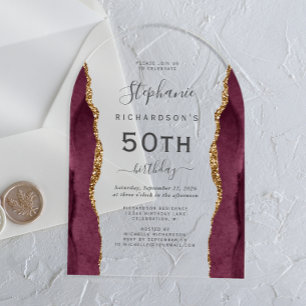 Invitaciones Acrílicas Arco de cumpleaños 50 Burgundy Red Gold Agata