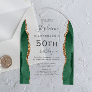 Invitaciones Acrílicas Arco de cumpleaños 50 en oro verde esmeralda ágata