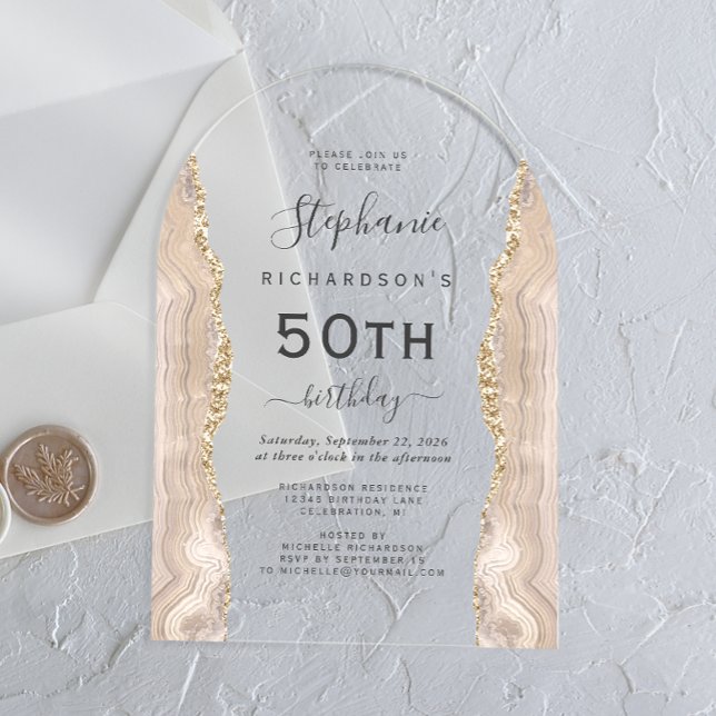 Invitaciones Acrílicas Arco de cumpleaños 50 Ivory Gold Agate (Subido por el creador)