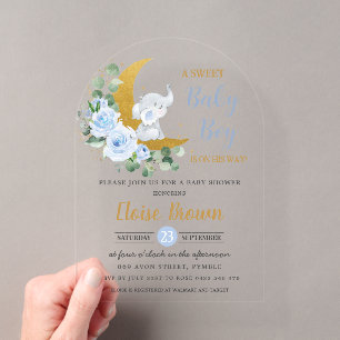 Invitaciones Acrílicas Arco de Cumpleaños de Niño Elefante Floral Azul Lu