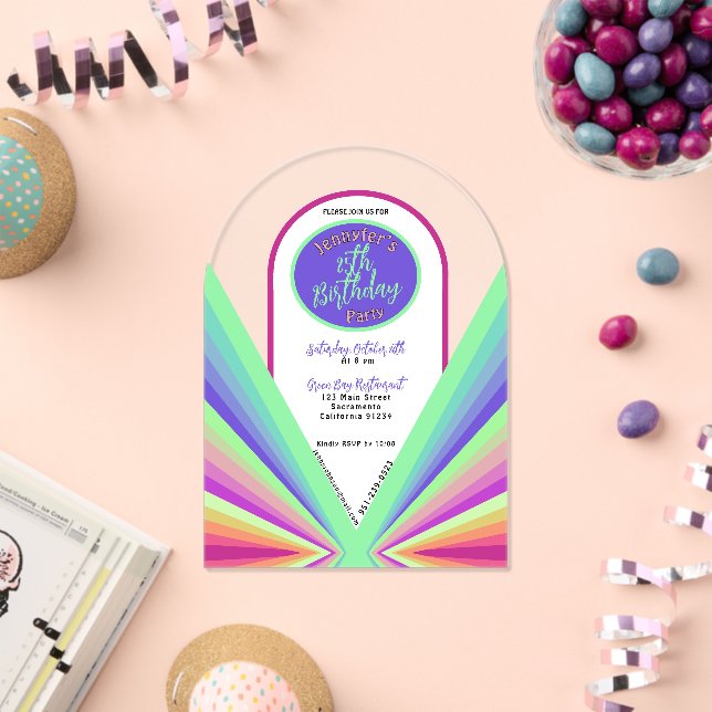 Invitaciones Acrílicas Arco de cumpleaños retro de los años 70 con un gru (Insitu (Celebración))