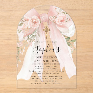 Invitaciones Acrílicas Arco de dedicación floral de rosa con lazo rosa