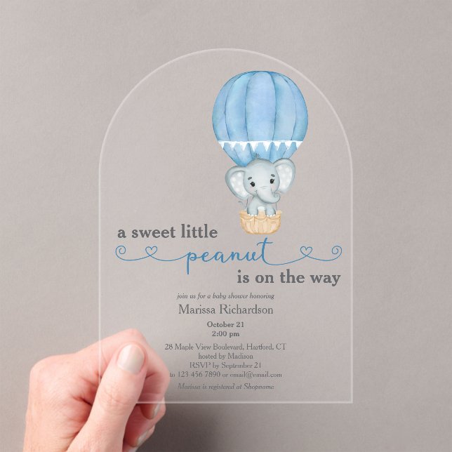 Invitaciones Acrílicas Arco de ducha de niño bebé elefante azul (Insitu (portátil))