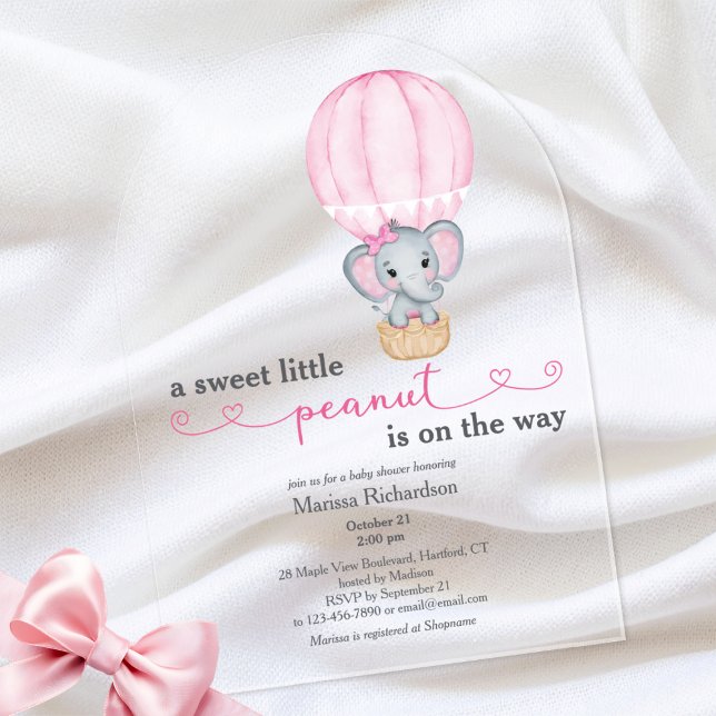 Invitaciones Acrílicas Arco de ducha para niñas y elefantes rosados (cute elephant in balloon sweet little peanut baby girl shower arch acrylic invitation)