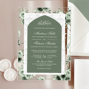 Invitaciones Acrílicas Arco de encaje blanco floral verde salvia Boda mus