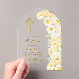 Invitaciones Acrílicas Arco de Flores Amarillas Bautizo