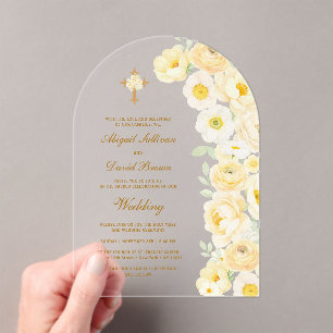 Invitaciones Acrílicas Arco de flores amarillas boda religiosa