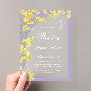 Invitaciones Acrílicas Arco de flores amarillas en boda religiosa lavanda