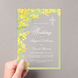 Invitaciones Acrílicas Arco de flores amarillas en boda religiosa verde