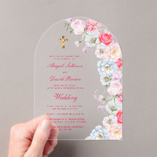 Invitaciones Acrílicas Arco de flores de acuarela boda religiosa