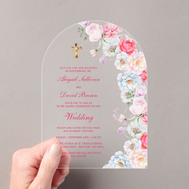 Invitaciones Acrílicas Arco de flores de acuarela boda religiosa (Insitu (portátil))
