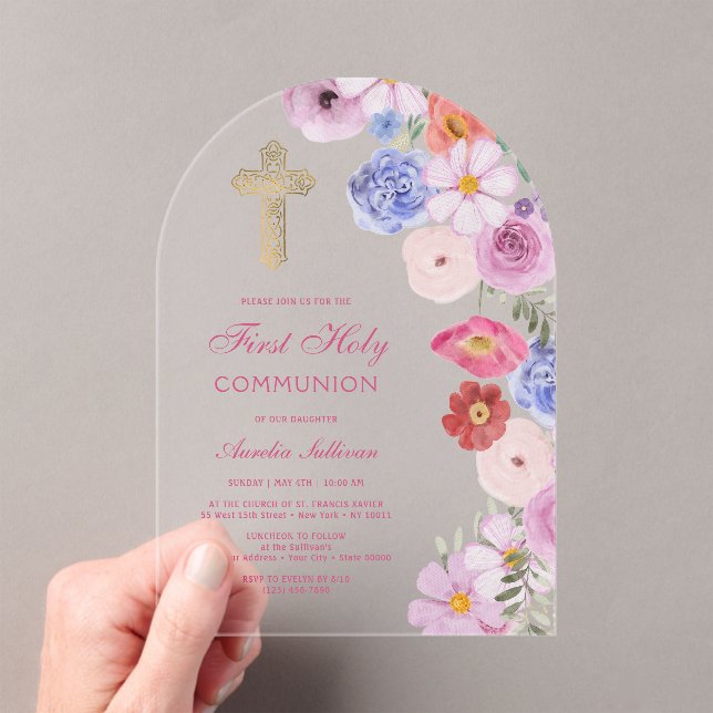 Invitaciones Acrílicas Arco de flores de acuarela Primera Comunión (Insitu (portátil))