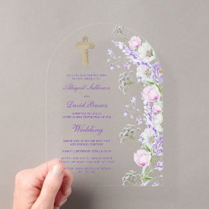 Invitaciones Acrílicas Arco de flores de lila en acuarela boda religiosa