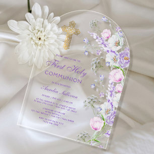 Invitaciones Acrílicas Arco de Flores de Lila en Acuarela para Primera Co