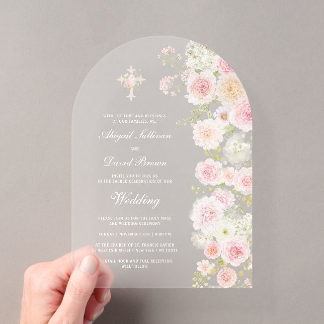 Invitaciones Acrílicas Arco de flores de melocotón rosa boda religiosa (Insitu (portátil))