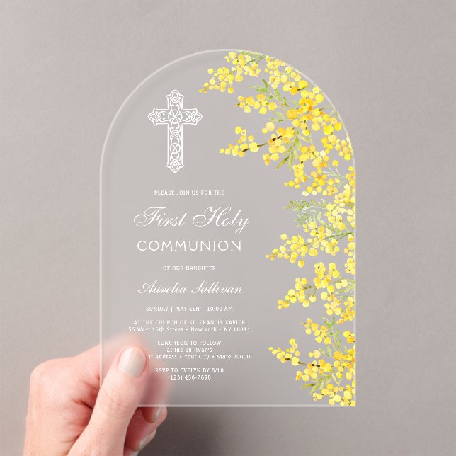 Invitaciones Acrílicas Arco de flores de mimosa Primera Comunión (Insitu (portátil))
