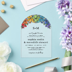 Invitaciones Acrílicas Arco de flores de orgullo Monograma Boda LGBT