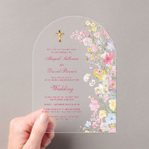 Invitaciones Acrílicas Arco de flores de prado Boda religiosa