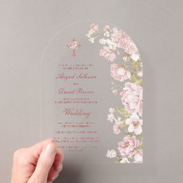 Invitaciones Acrílicas Arco de flores rosadas boda religiosa
