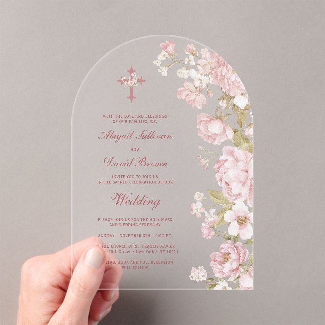 Invitaciones Acrílicas Arco de flores rosadas boda religiosa (Insitu (portátil))