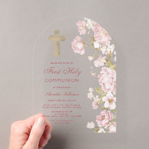 Invitaciones Acrílicas Arco de Flores Rosadas Primera Comunión