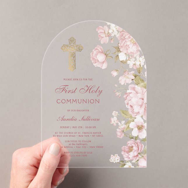 Invitaciones Acrílicas Arco de Flores Rosadas Primera Comunión (Insitu (portátil))