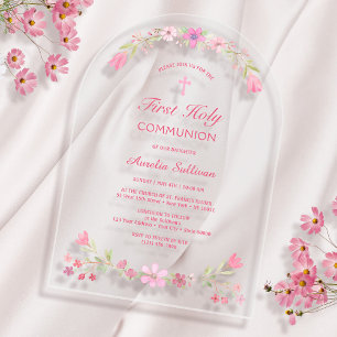 Invitaciones Acrílicas Arco de flores rosadas Primera Comunión