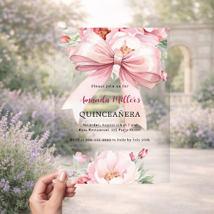 Invitaciones Acrílicas Arco de flores rosadas Quinceañera transparente