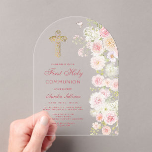 Invitaciones Acrílicas Arco de flores rosadas y melocotón para Primera Co